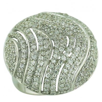 Sterling Silver Ring W=25mm Round Clear Cubic Zirconia with Open Wavy Line