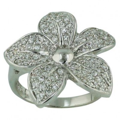 Sterling Silver Ring Clear Cubic Zirconia Flower Petal