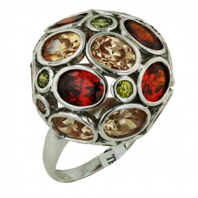 Sterling Silver Ring Garnet +Champagne+Olivine Cubic Zirconia Oval+Round Dome