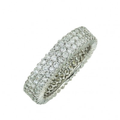 Sterling Silver Ring Triple Round Clear Cubic Zirconia Layer Eternity Band