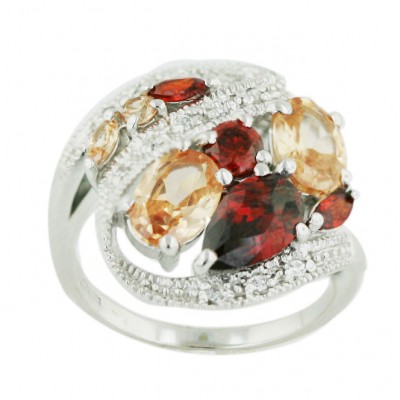 Sterling Silver Ring Garnet +Champagne Cubic Zirconia Oval with Clear Cubic Zirconia 'S' Lines