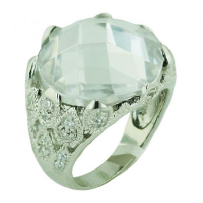 Sterling Silver Ring 19mm Clear Cubic Zirconia Chess Cut Dome with Clear Cubic Zirconia Around-