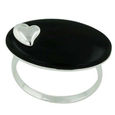 Sterling Silver Ring 13.5mm Oval Onyx with Plain Heart --E-coated/Nickle Free--