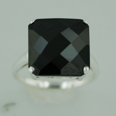 Sterling Silver Ring 13.5X13.5mm Square Black Cubic Zirconia Chess Cut with 4 Prong