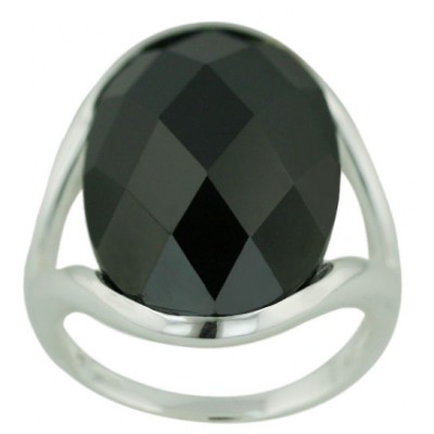 Sterling Silver Ring 14mm Oval Black Cubic Zirconia Chess Cut --E-coated/Nickle Free--