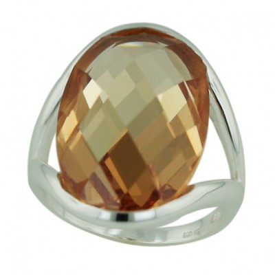 Sterling Silver Ring 14mm Oval Champagne Cubic Zirconia Chess Cut --E-coated/Nickle Free--
