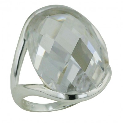 Sterling Silver Ring 14mm Oval Clear Cubic Zirconia Chess Cut --E-coated/Nickle Free--