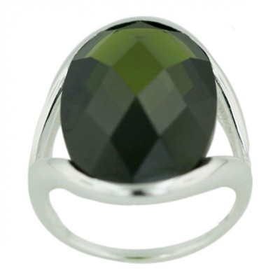 Sterling Silver Ring 14mm Oval Olivine Cubic Zirconia Chess Cut --E-coated/Nickle Free--