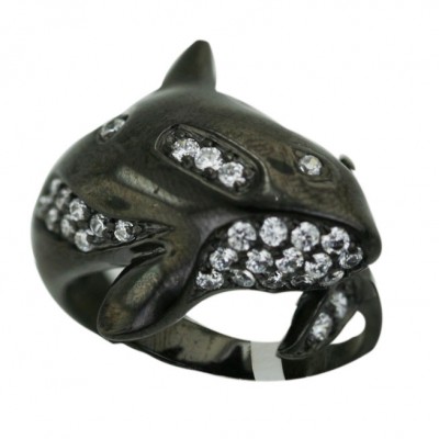 Sterling Silver Black Plated Dolphin with Clear Cubic Zirconia