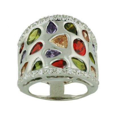 Sterling Silver Ring 16 Pcs Garnet +Champagne+Amethyst+Olivine Cubic Zirconia Tear Drop--Rhodium Plating/Nickle Free--