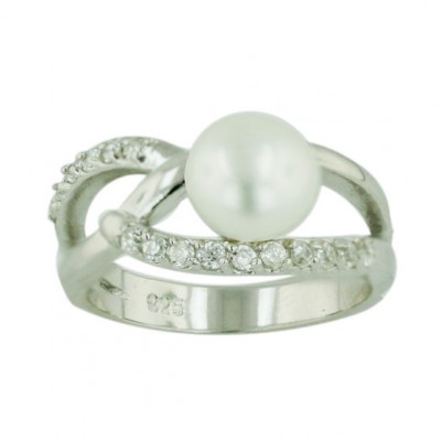 Sterling Silver Ring 8mm White Fresh Water Pearl with Plain+Clear Cubic Zirconia Criss Cross