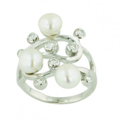 Sterling Silver Ring 'S' Lines with 3 (6mm) White Fresh Water Pearl+8 Clear Cubic Zirconia Bez