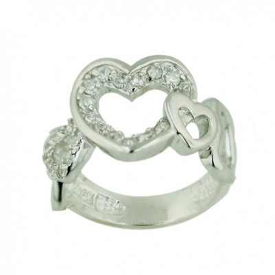 Sterling Silver Ring 5 Plain+Clear Cubic Zirconia Open Heart