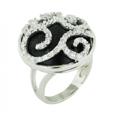Sterling Silver Ring Clear Cubic Zirconia Swirl Lines 24mm Round Blue Sand