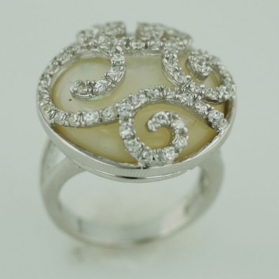 Sterling Silver Ring Clear Cubic Zirconia Swirl Lines 24mm Round White Mother of Pearl