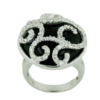Sterling Silver Ring Clear Cubic Zirconia Swirl Lines 24mm Round Onyx