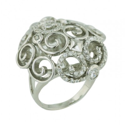 Sterling Silver Ring Plain+Clear Cubic Zirconia Swirl Dome