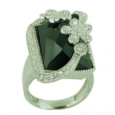 Sterling Silver Ring 18X15mm Black Cubic Zirconia Square Chess Cut Dome with Oppositive C