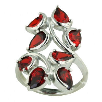 Sterling Silver Ring 8 Garnet Cubic Zirconia Tear Drop Leaf--Rhodium Plating/Nickle Free--