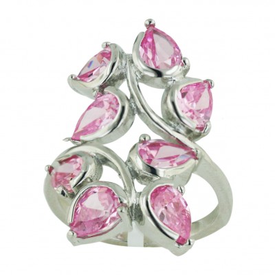 Sterling Silver Ring 8 Pink Cubic Zirconia Tear Drop Leaf--Rhodium Plating/Nickle Free--
