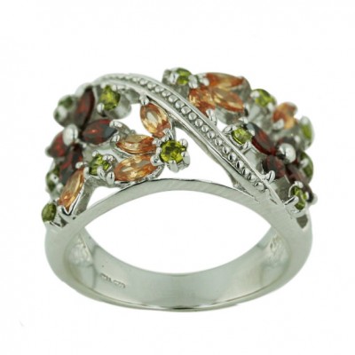 Sterling Silver Ring Garnet +Champagne+Olivine Cubic Zirconia Flower with Plain Bypass Line