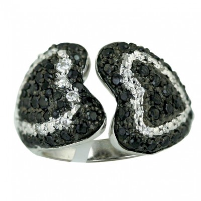 Sterling Silver Ring Double Black Cubic Zirconia with Clear Cubic Zirconia Heart--Rhodium Plating/Nickle Free--