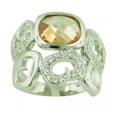 Sterling Silver Ring 10X12mm Champagne Cubic Zirconia Chess Cut Dome with Clear Cubic Zirconia+Plain