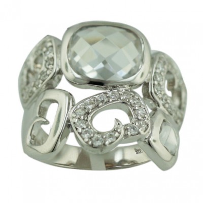 Sterling Silver Ring 10X12mm Clear Cubic Zirconia Chess Cut Dome with Clear Cubic Zirconia+Plain