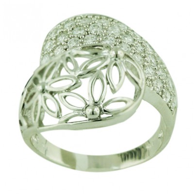 Sterling Silver Ring Oppositive Clear Cubic Zirconia+Plain Open Flower Leaf --Rhodium Plating/Nickle Free-