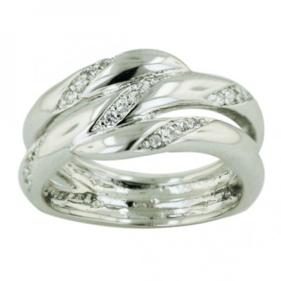 Sterling Silver Ring 3 Layer Clear Cubic Zirconia Slanted Lines