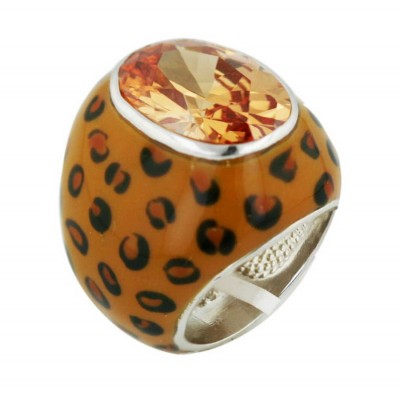 Sterling Silver Ring 14.5mm Champagne Cubic Zirconia Bezel Set with Cheetah Enamel--