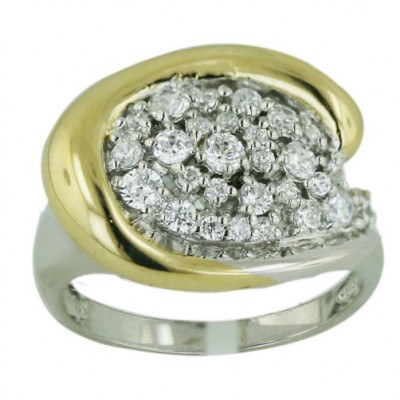 Sterling Silver Ring 2-Tone Gold Round Pave Cubic Zirconia with Plain Outer La