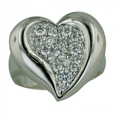 Sterling Silver Ring 20mm Pave Cubic Zirconia Heart--Rhodium Plating--