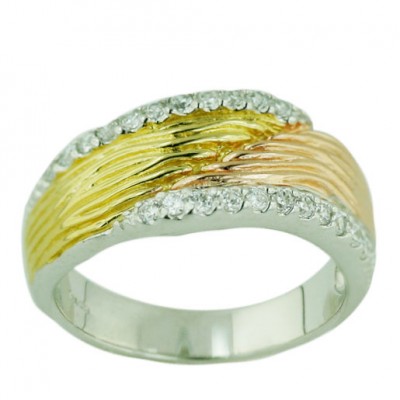 Sterling Silver Ring 3 Tone Hamilton Rosegold+Gold with Clear Cubic Zirconia--Rhodium Plating