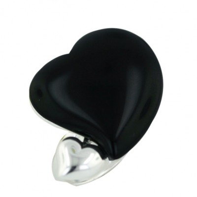Sterling Silver Ring 20mm Onyx Slanted Heart with Plain Heart Left