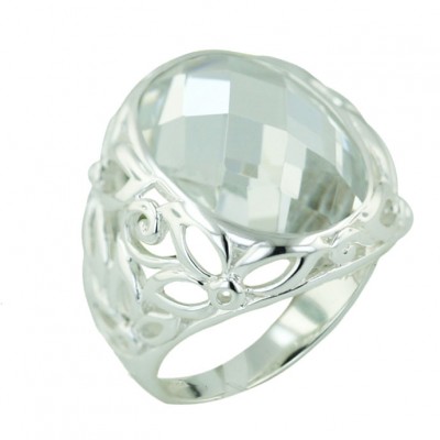Sterling Silver Ring 20mm Oval Clear Cubic Zirconia Chess Cut--E-coated/Nickle Free--