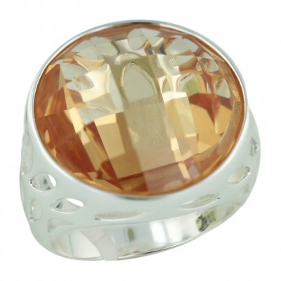 Sterling Silver Ring 21mm Champagne Cubic Zirconia Round Chess Cut Bezel Set with Ope