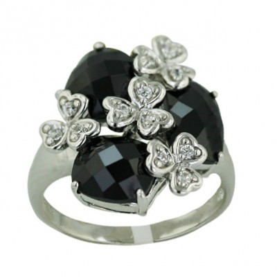 Sterling Silver Ring Black Cubic Zirconia Round Chess Cut with Clear Cubic Zirconia Flowers--Rhodium Plating - 8