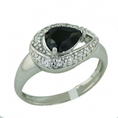Sterling Silver Ring 16mm Black Cubic Zirconia Tear Drop--Rhodium Plating/Nickle Free--