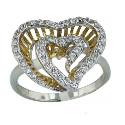 Sterling Silver Ring 2 Tone Gold Clear Cubic Zirconia 2 Layer Open Lined Heart