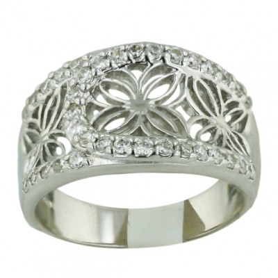Sterling Silver Ring 1 Tone Silver Open Flower with Clear Cubic Zirconia '--Rhodium Plating/Nickle Free-