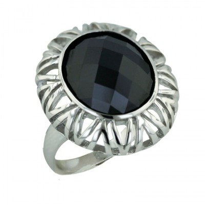 Sterling Silver Ring 16mm Black Cubic Zirconia Round Chess Cut Bezel Set--Rhodium Plating/