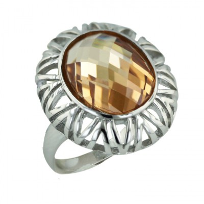 Sterling Silver Ring 16mm Champagne Cubic Zirconia Round Chess Cut Bezel Set--Rhodium Plating/