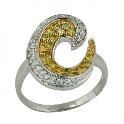Sterling Silver Ring 2 Tone Gold Round Golden Cubic Zirconia inside with Clear Cubic Zirconia