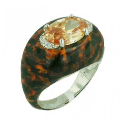 Sterling Silver Ring 12mm Round Champagne Cubic Zirconia Facetted Cut with Clear Cubic Zirconia+Chee