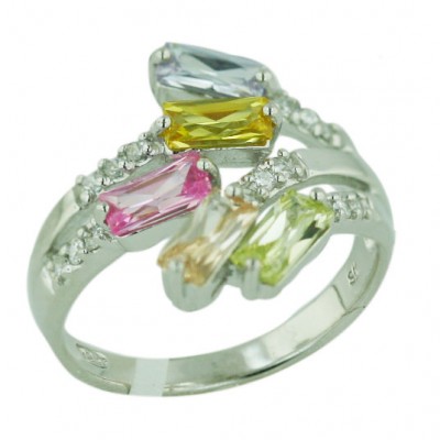 Sterling Silver Ring Lg,Champagne,Pink,Citrine,Lv Cubic Zirconia Baguette with Clear Cubic Zirconia