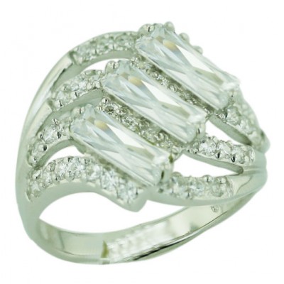 Sterling Silver Ring 3 Clear Cubic Zirconia Baguette