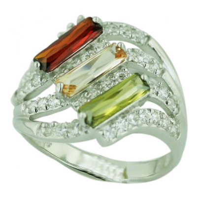 Sterling Silver Ring 3 Garnet, Champagne,Olivine Cubic Zirconia Baguette