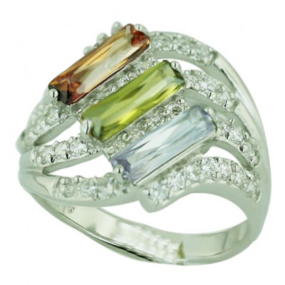 Sterling Silver Ring 3 Lv,Lg (Pgz) ,Champagne Cubic Zirconia Baguette
