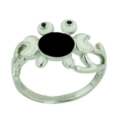 Sterling Silver Ring Black+White Enamel Crab with Black Enamel Ey